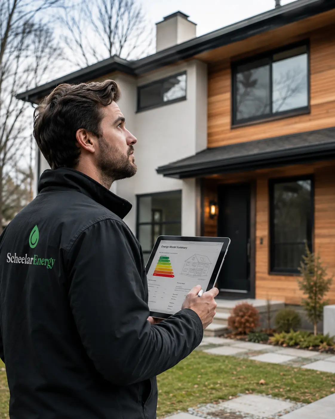An energy advisor in a Scheelar Energy jacket reviewing an energy model summary on a tablet outside a modern two-storey home.